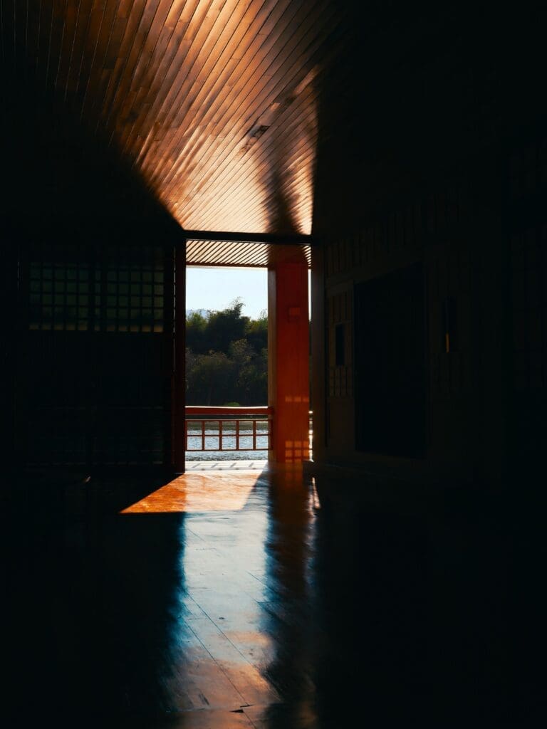 Open door leading to a bright area, representing moving through fear rather than avoiding it